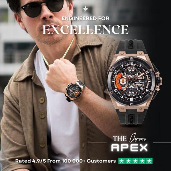 luxury watch, chronograph watch, sports watch, premium timepiece, designer watch, men's watch, brand awareness, social proof, lifestyle, luxurious, trustworthy, neutral, gold